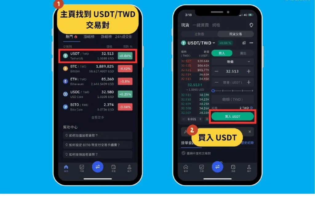 Bito幣託儲值成功後，使用台幣餘額購買USDT